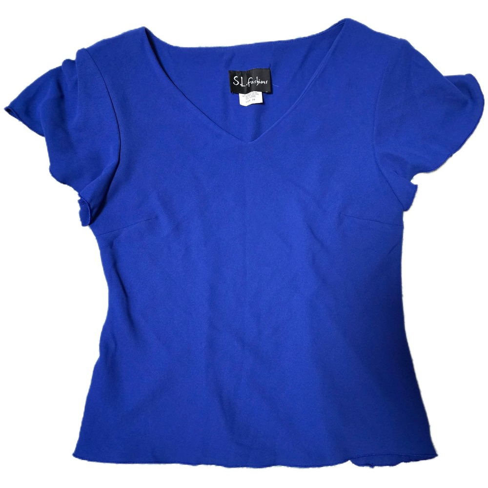 S.L. Fashions Royal Blue Flutter Sleeve Top V Neck Blouse‎ Size 10 (T)